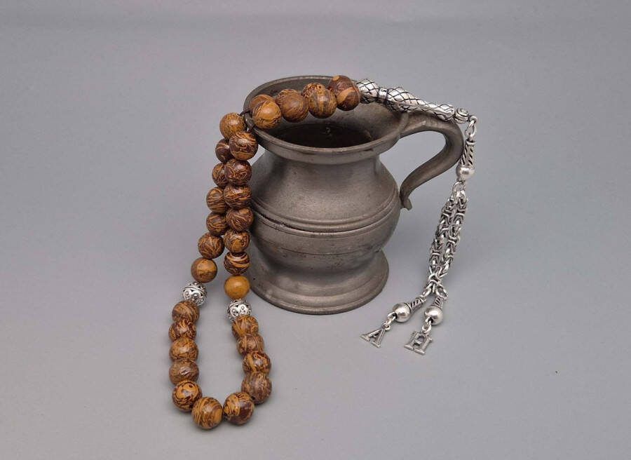 Tesbih- Zilver 925 en Natuursteen Jaspis van olifantenhuid -Tesbih met tassel Twee Letters Aantal kralen 33 Diameter kralen 8mm- Kies je favoriete letters