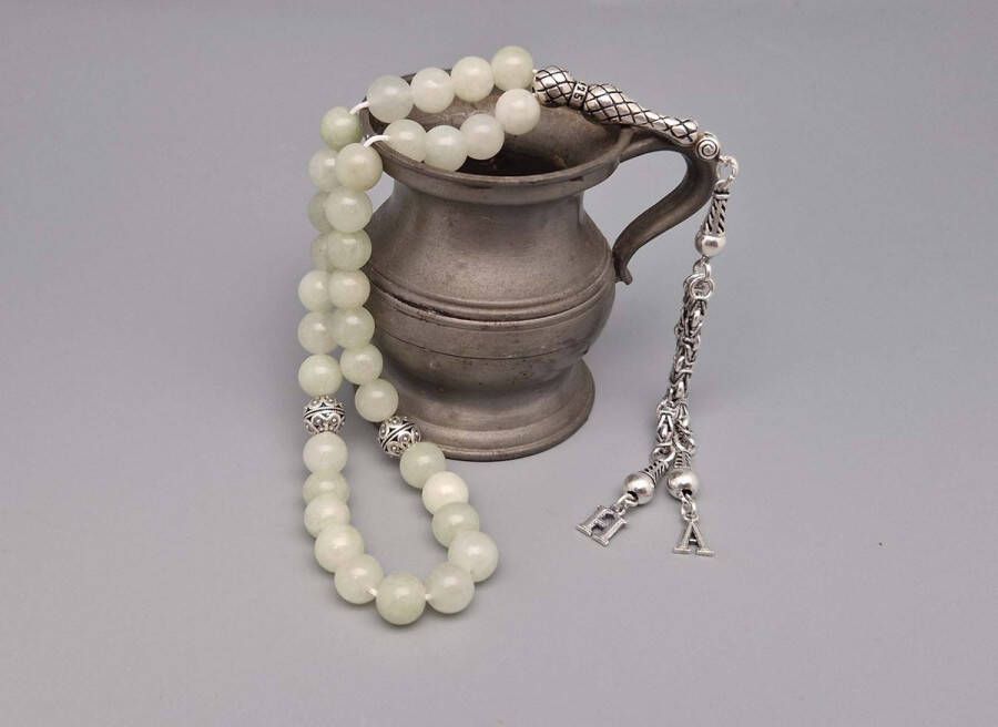 Tesbih- Zilver 925 en Natuursteen Maan licht -Tesbih met tassel Twee Letters Aantal kralen 33 Diameter kralen 8mm- Kies je favoriete letters