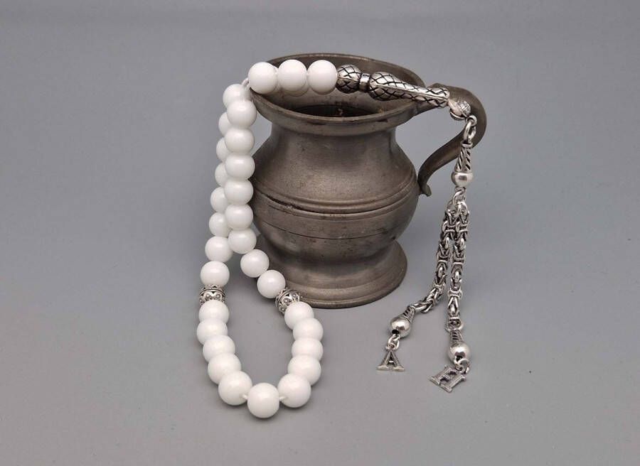 Tesbih- Zilver 925 en Natuursteen Witte agaat -Tesbih met tassel Twee Letters Aantal kralen 33 Diameter kralen 8mm- Kies je favoriete letters