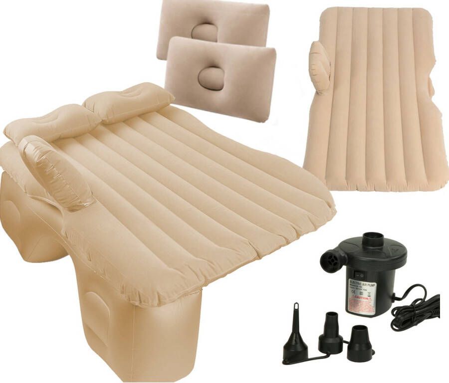 Ikonka Opblaasbaar Automatras Met 2 Kussens En Pomp 130cm x 80cm Beige Autobed Tot 300 kg Met Draagtas En Reparatieset