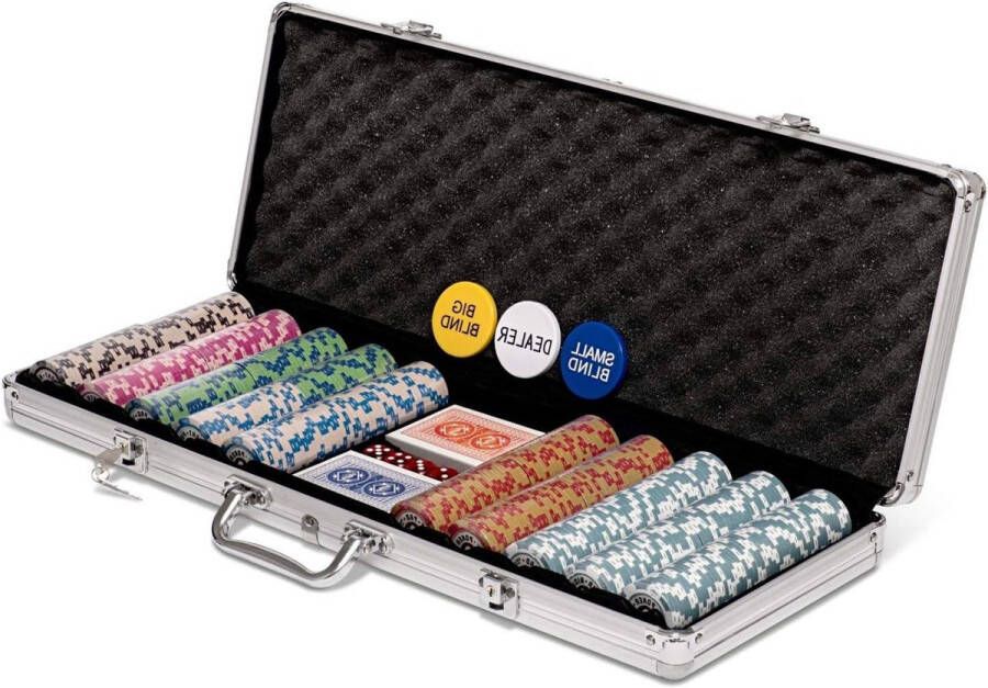 Texas Hold'em Pokerchips Set GROTE Aluminium Behuizing HOOGWAARDIGE Klei Metaal 14g Genummerde Chips 2 Decks PLASTIC Speelkaarten Dealer Blind knoppen 5 Dobbelstenen Pokerset