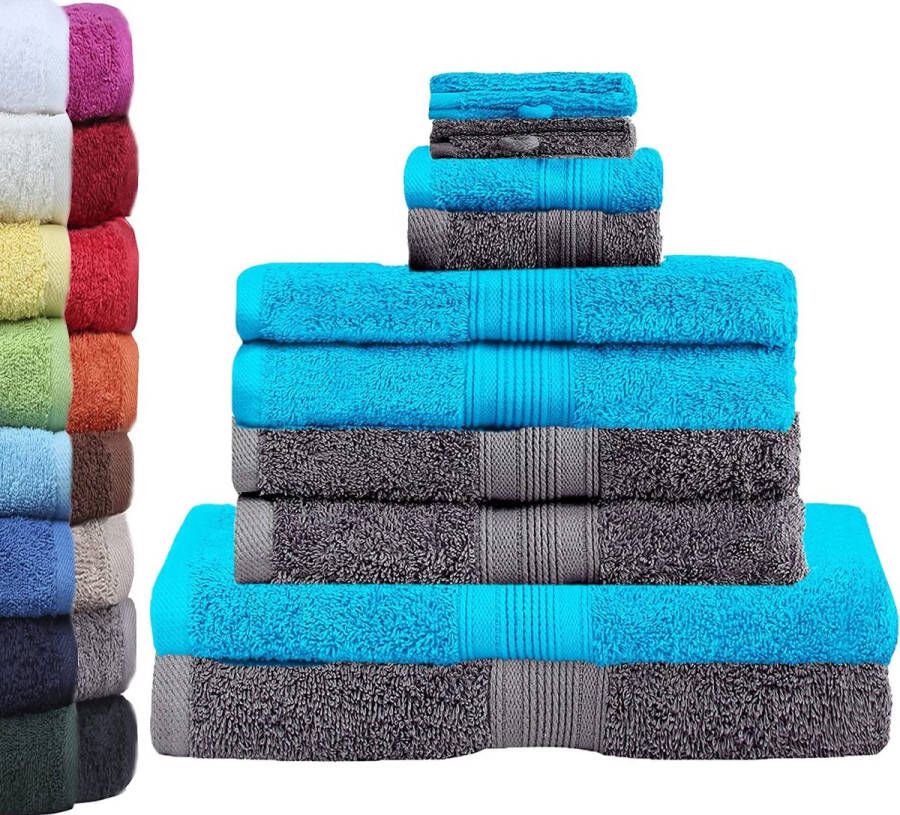 Textiel 10-delige badkamer handdoekenset met wisselmatjes 4 x handdoeken 2 x douchehanddoeken 2 x gastendoekjes 2 x washandjes (10-delige badkamer handdoekenset antraciet turquoise)