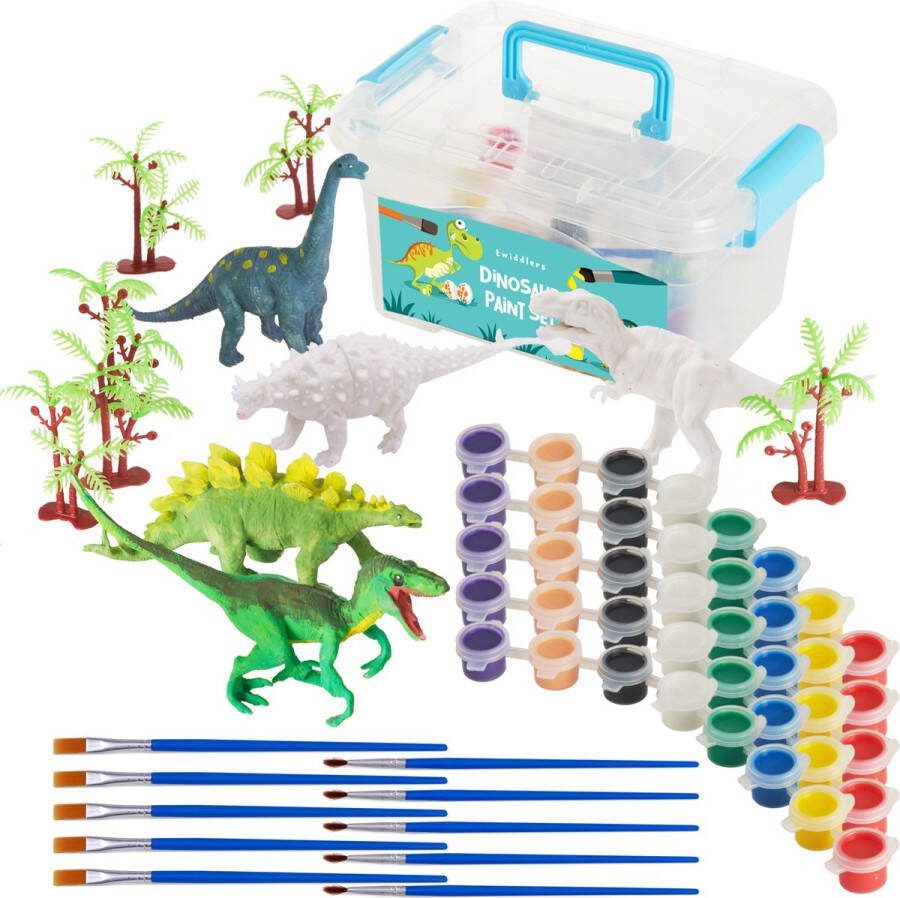 THE TWIDDLERS 26-Delige Dinosaurus Schilderset 5 Dino Figuren 5 Sets Verf (Elk 8 Kleuren) 10 Penselen 5 Bomen en 1 Opbergdoos Knutselen Verjaardagsfeestjes Kinderspeelgoed