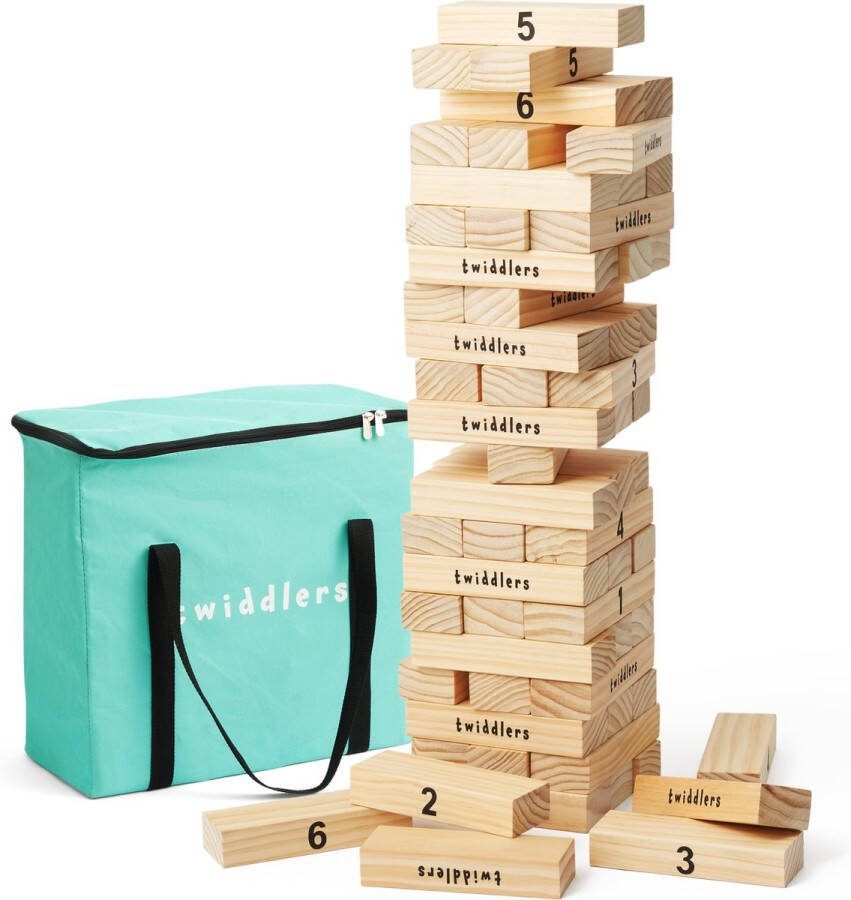 THE TWIDDLERS Grote Tumble Toren Tuin Buitenspel 64 Houten Blokken 74cm Hoog Bouwspeelgoed Buitenpret voor Kinderen en Volwassenen Inclusief Draagtas