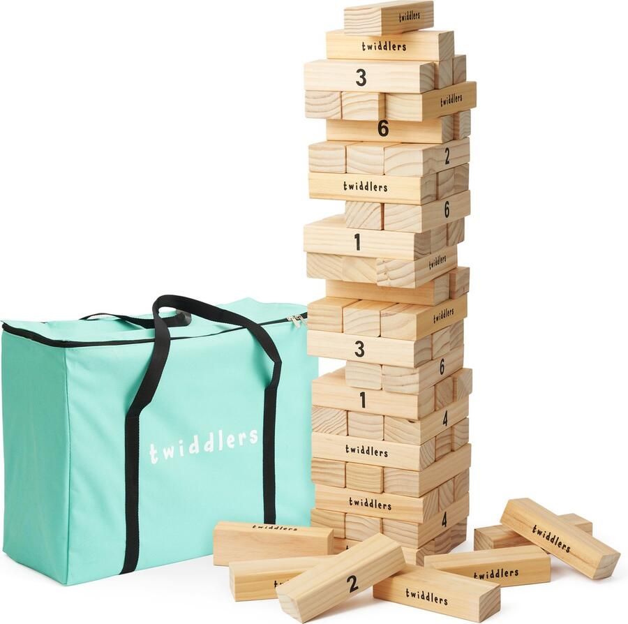 THE TWIDDLERS XXL Houten Stapeltorenspel Wiebeltoren met 64 Blokken & Draagtas (87cm op te Stapelen) Reusachtig Buitenspel & Tuinspel voor Verjaardagen & Bruiloften