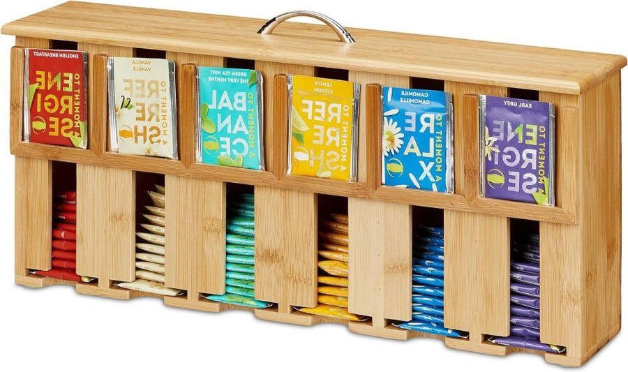 Thee organizer 6 vakken bamboe theedoos theezakjes opbergen HxBxD: ca. 22 x 465 x 105 cm natuur zilver