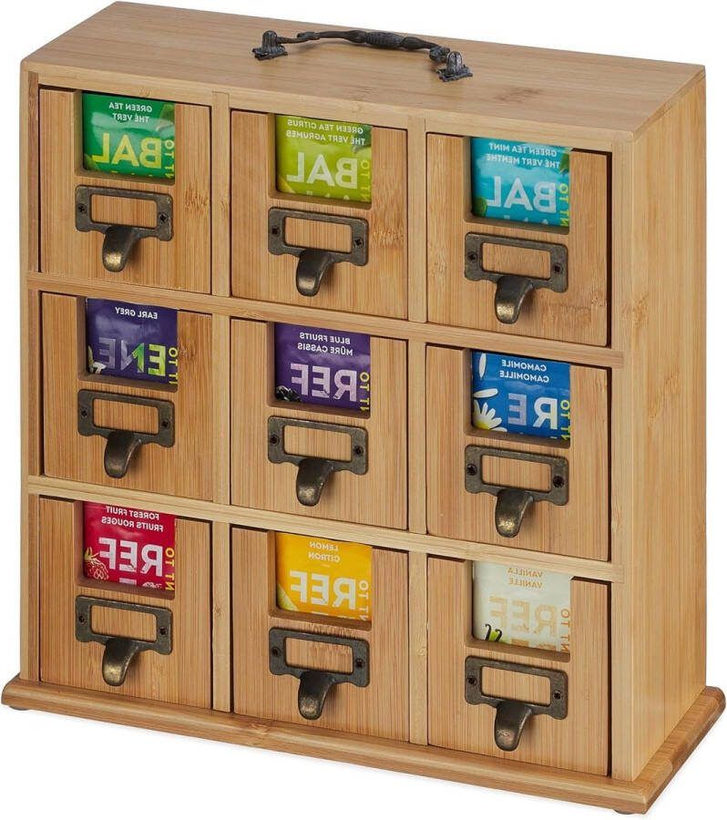 Thee organizer 9 vaks bamboe HBD: 29 x 30 x 115 cm staand hangend groot theezakjes bewaardoos natuur tea bag organizer