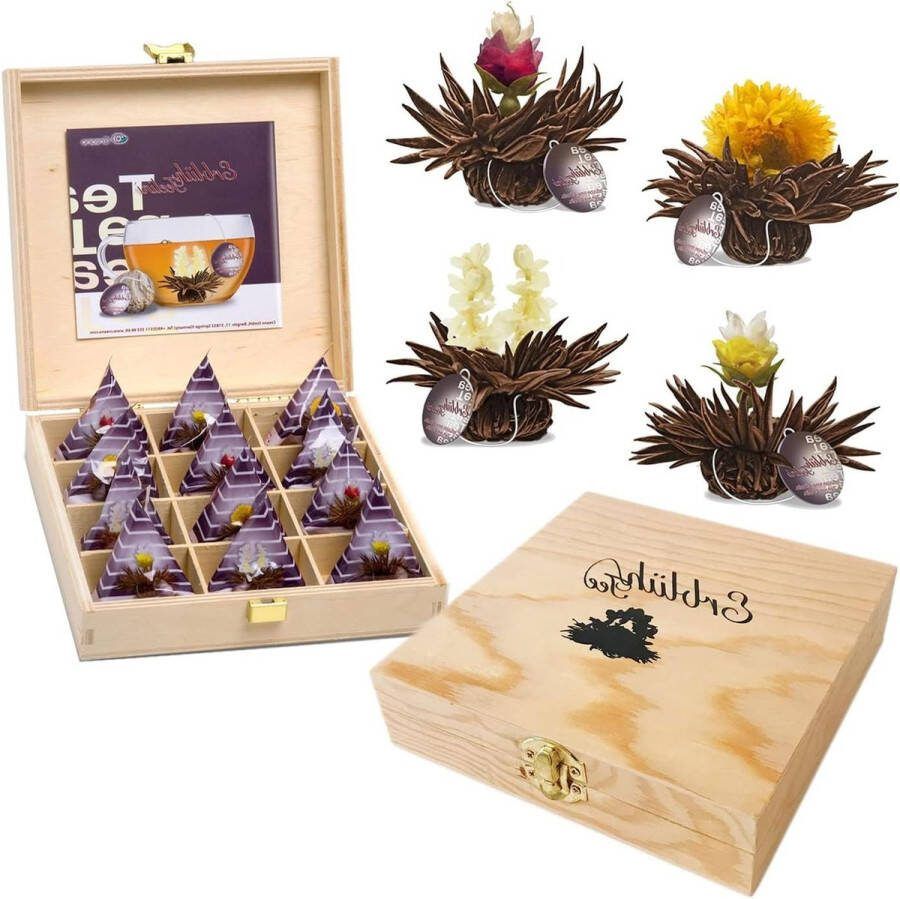 Theebloemen cadeauset in houten theedoos 12 ErblühTeelini soorten Zwarte thee Theedoos