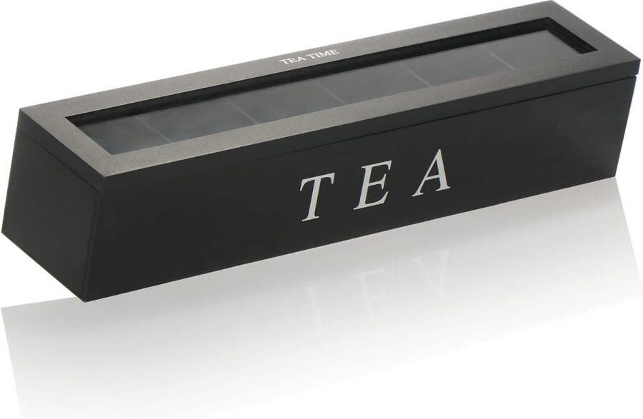 COM-FOUR Tea Box with 6 Compartments for up to 90 Tea Bags Black Wooden Storage Box for Tea Bag Box with Viewing Window Tea Box Tea Storage (Pack of 01 43 x 9 x 8.7 cm Black)