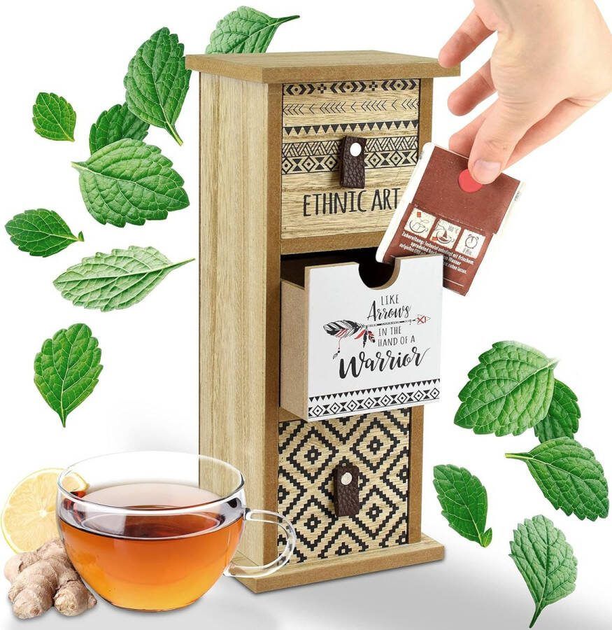 Theebox nieuw (staand) moderne theezak van hout in boho-stijl voor bewaren en serveren met uitneembare lade veelzijdig inzetbaar decoratieve theebox