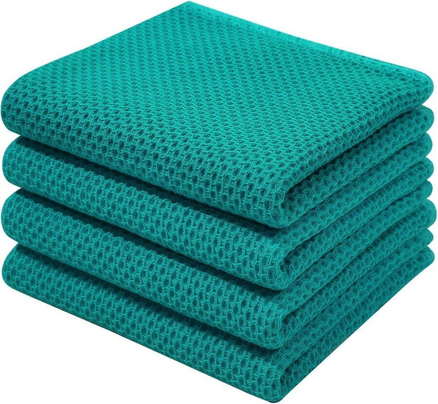 Theedoeken 100% katoen set van 4 32 x 72 cm zachte theedoeken keukendoeken absorberende keukenhanddoeken dikke premium theedoek vaatdoeken schoonmaakdoekjes blauwgroen