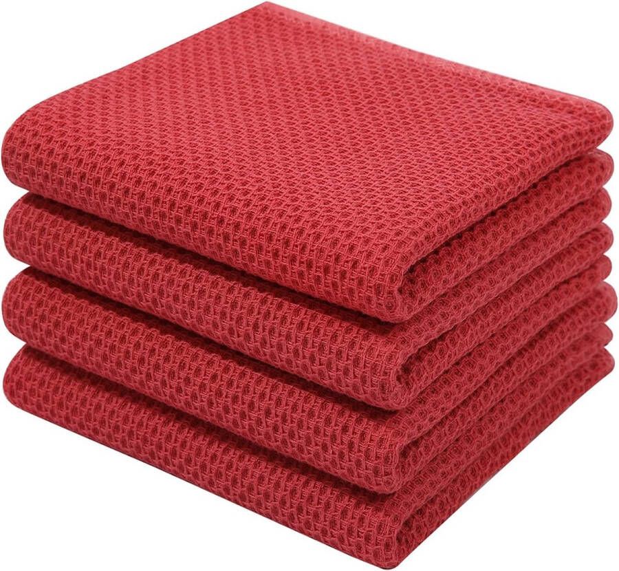 Theedoeken 100% katoen set van 4 32 x 72 cm zachte theedoeken keukenhanddoeken absorberend keukendoeken dikke premium vaatdoek vaatdoeken poetsdoeken rood