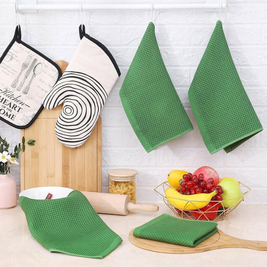 Theedoeken 100% katoen set van 4 32 x 72 cm zachte theedoeken keukenhanddoeken absorberend keukendoeken dikke premium vaatdoek vaatdoeken poetsdoeken grasgroen