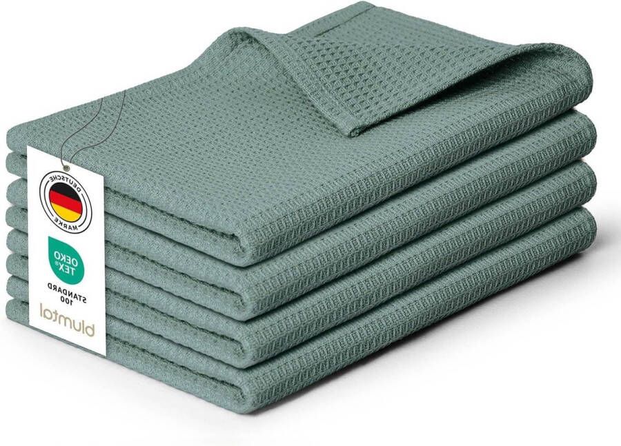 Theedoeken geblokt 50x70 cm in een Set van 4 Katoenen Theedoeken Wasbaar op 60 °C Wafelstructuur Vaatdoeken & Poetsdoeken Groen Theedoeken geblokt