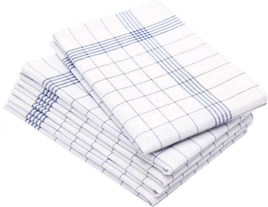 Theedoeken geblokt halflinnen set van 5 50x70 cm blauw Theedoeken geblokt