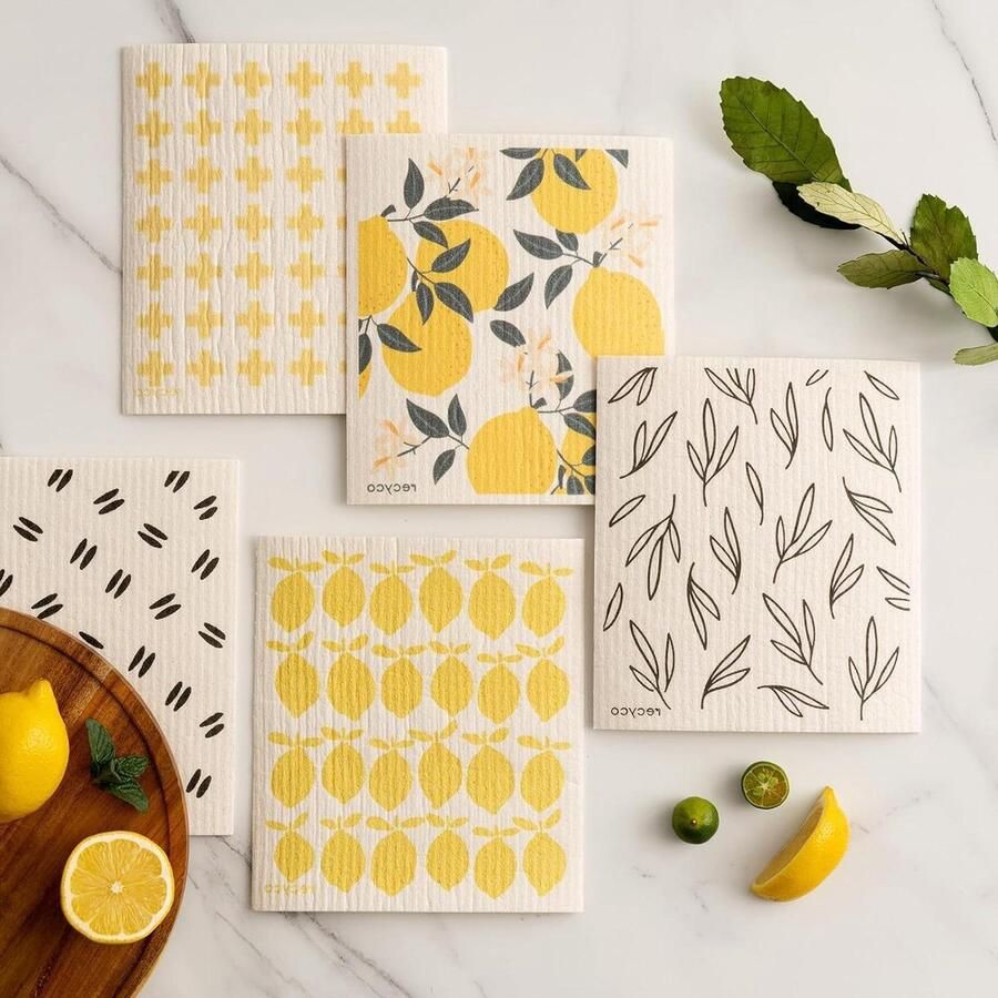 Theedoeken geblokt Zweden 5 stuks 171 x 19 cm herbruikbaar-wasbaar sponsdoekjes-spoeldoeken-keukenlapjes-afwashandjes fruitpatroon Theedoeken geblokt