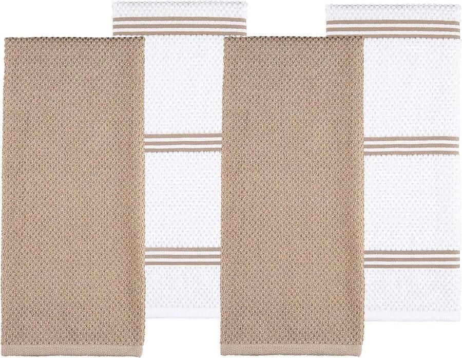 Theedoeken geblokt Keukenhanddoeken 100% Katoenen Badstof Set van 4 Groot Formaat 406 x 71 cm Beige Zacht Absorberend Restaurant Bar Glazen Keukendoeken theedoeken geblokt