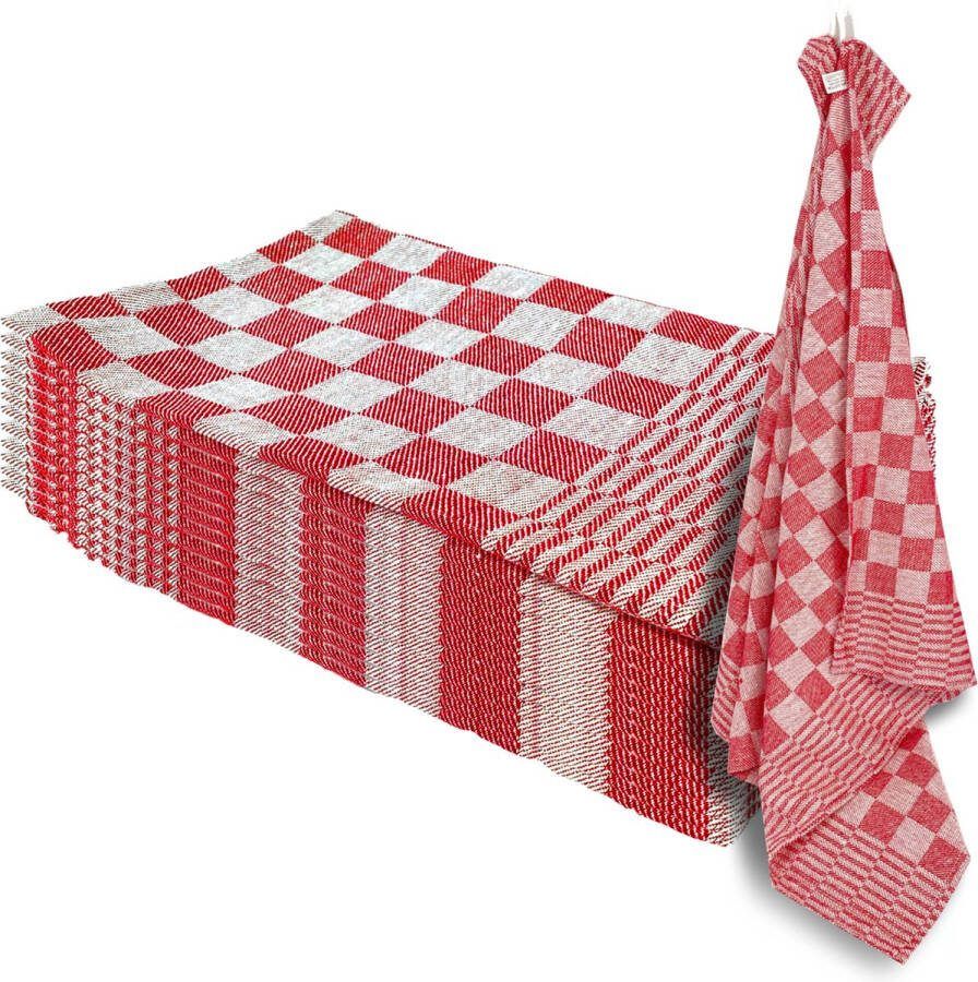 Theedoekenset Glazendoeken (Set van 12) Blok Rood 65x65 Geblokt Blokdoeken 100% katoen Horeca Theedoeken horeca Glazendoeken