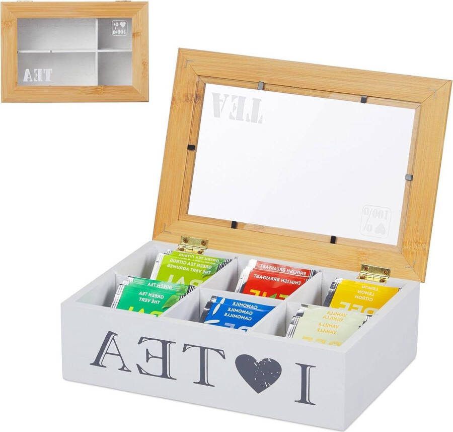 Theedoos 6 vakken organizer bamboe acryl transparante deksel HBD 7x23x16 cm wit-natuur Stijlvol opruimen van theezakjes Theedoos