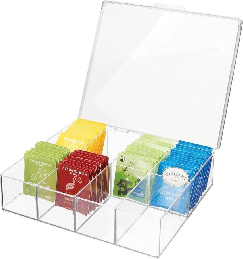 Theedoos keuken-organizer met deksel en 8 vakken ideaal voor thee koffie praktisch sorteerdoos voor specerijen voorraadkast en keuken organiseren tea bag organizer