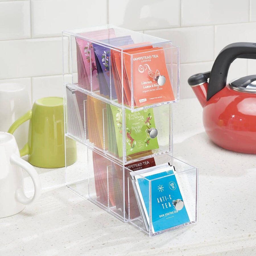 Theedoos keukenorganizer ladekastje voor theezakjes koffiecups zoetjes en meer met 3 lades plastic doorzichtig
