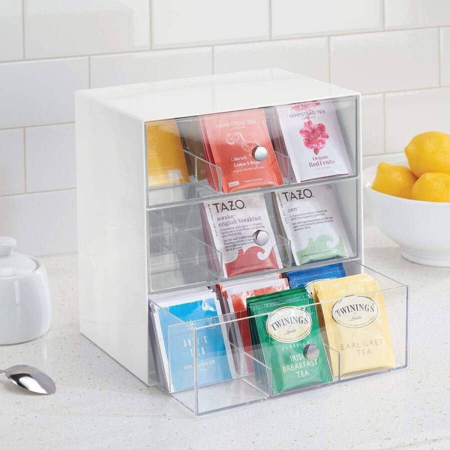 Theedoos keukenorganizer opbergbox voor theezakjes koffiepads suiker en meer met 27 compartimenten en 3 lades plastic wit doorzichtig