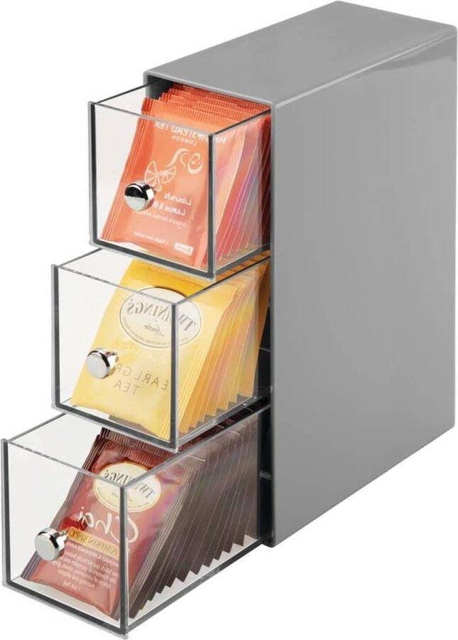 Theedoos ladekastje voor theezakjes koffiepads handig stevig grijs doorzichtig tea bag organizer