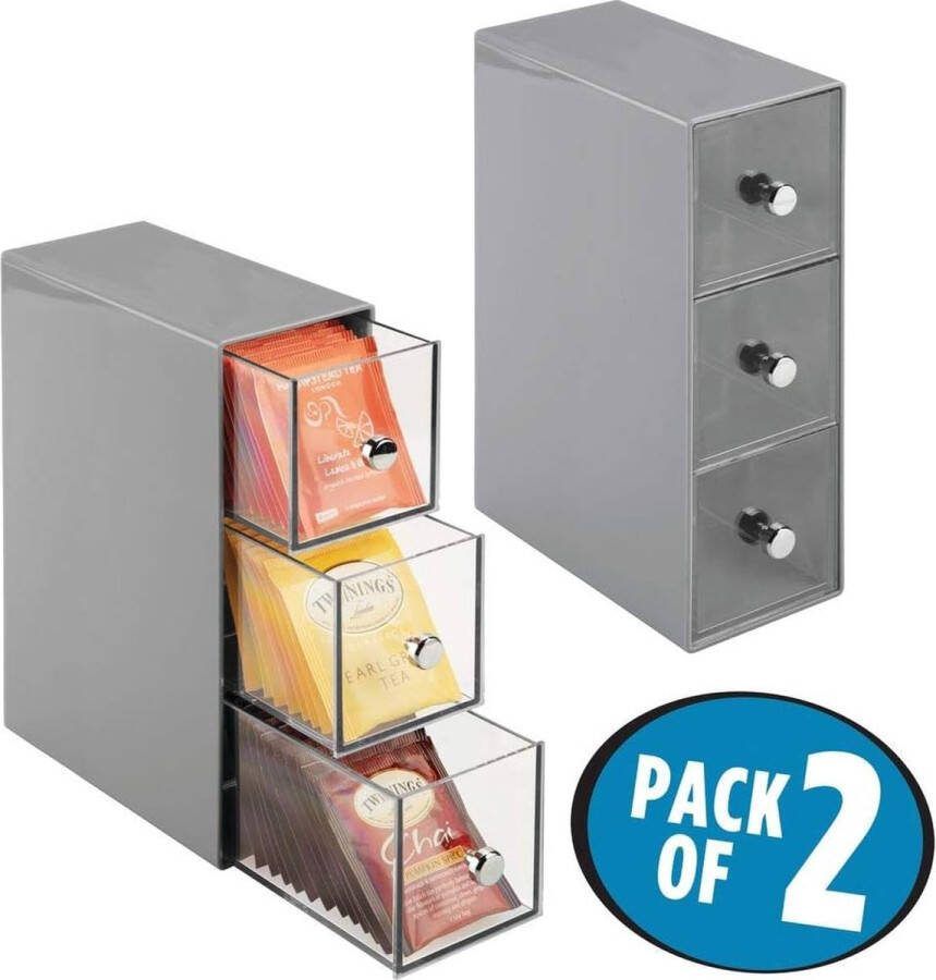 Theedoos ladekastje opbergbox organizer voor de keuken voor verschillende soorten theezakjes koffiepads zoetjes en meer handig stevig grijs doorzichtig per 2 stuks verpakt