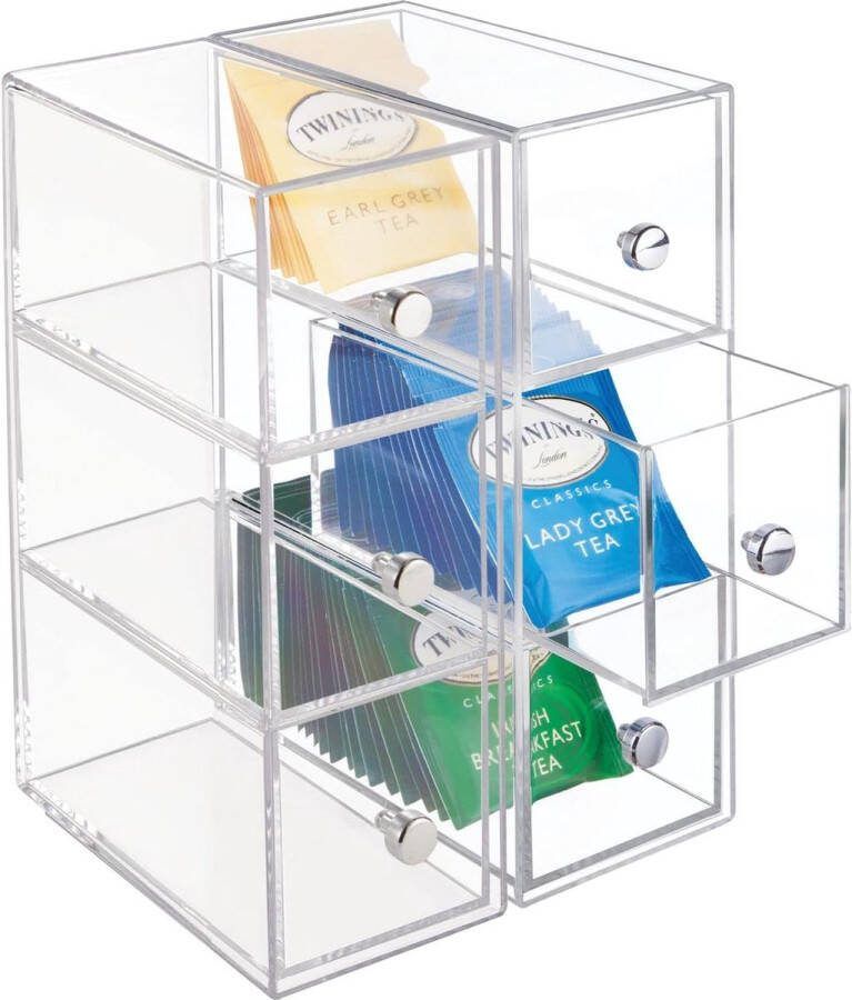 Theedoos ladekastje opbergbox organizer voor de keuken voor verschillende soorten theezakjes koffiepads zoetjes en meer handig stevig doorzichtig per 2 stuks verpakt