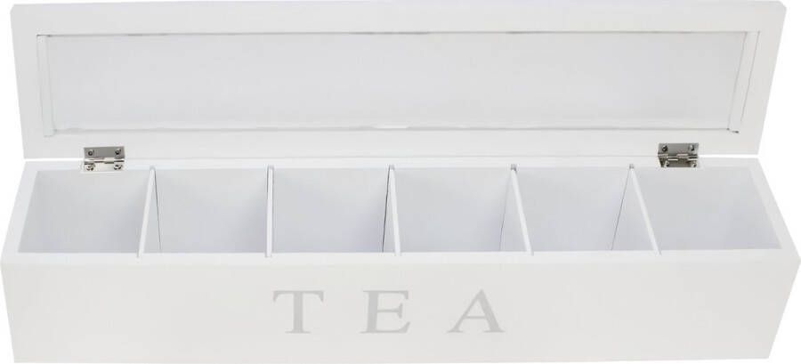 Theedoos met 6 compartimenten voor maximaal 90 theezakjes witte houten opbergdoos theezakjesdoos met kijkvenster theedoos thee-opslag (01 stuks 43x9x8 7cm wit)