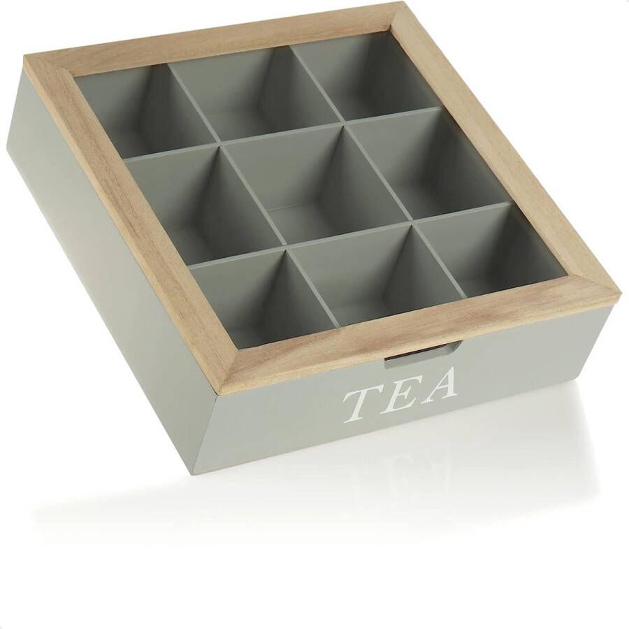Theedoos met 9 vakken voor maximaal 90 theezakjes grijze houten opbergdoos voor thee theezakjesdoos met kijkvenster theekist theebewaarkast (1 x theedoos grijs)