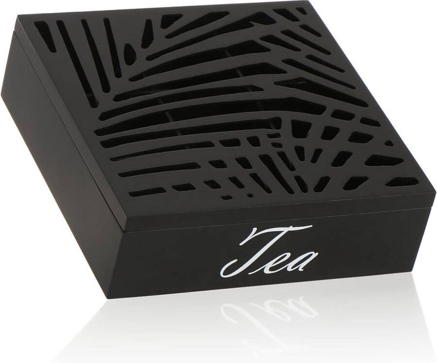 Theedoos met 9 vakken zwarte houten opbergdoos voor verpakte theezakjes theezakjesdoos met plantmotieven (1 x theekist zwart wit)