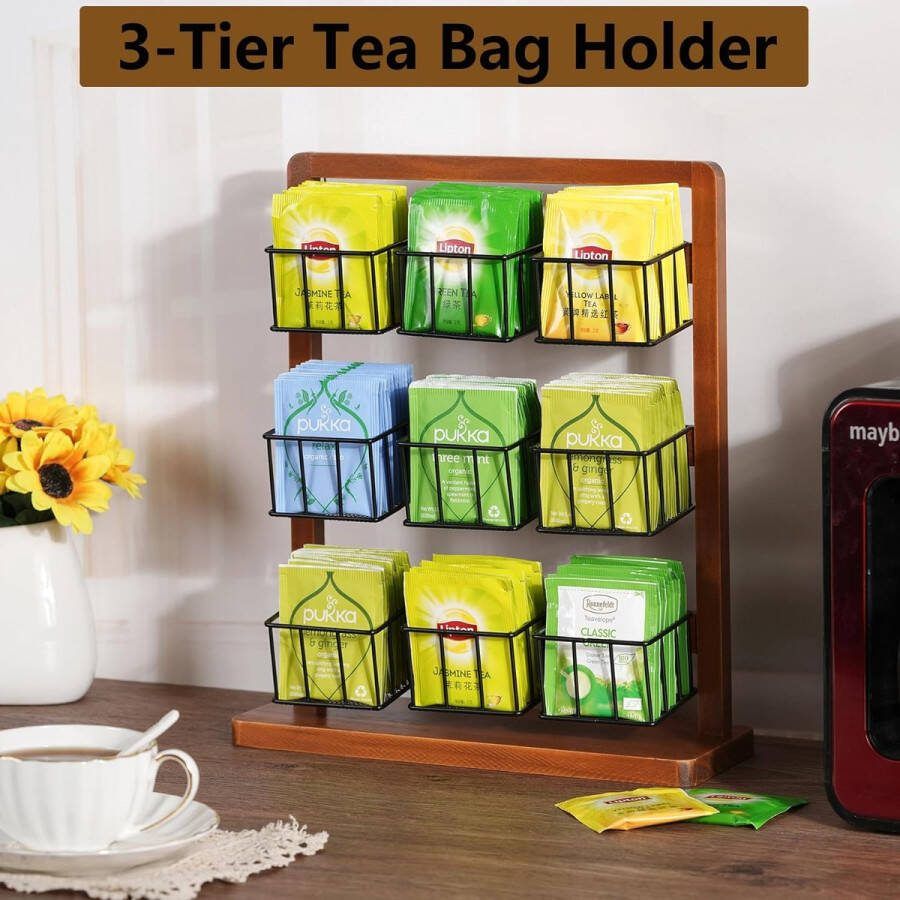 Theedoos theezak-organizer verticale en wandmontage theekist met 9 afneembare metalen vakken theezakjesbox elegante theedispenser voor theezakjes suiker koffiecapsule