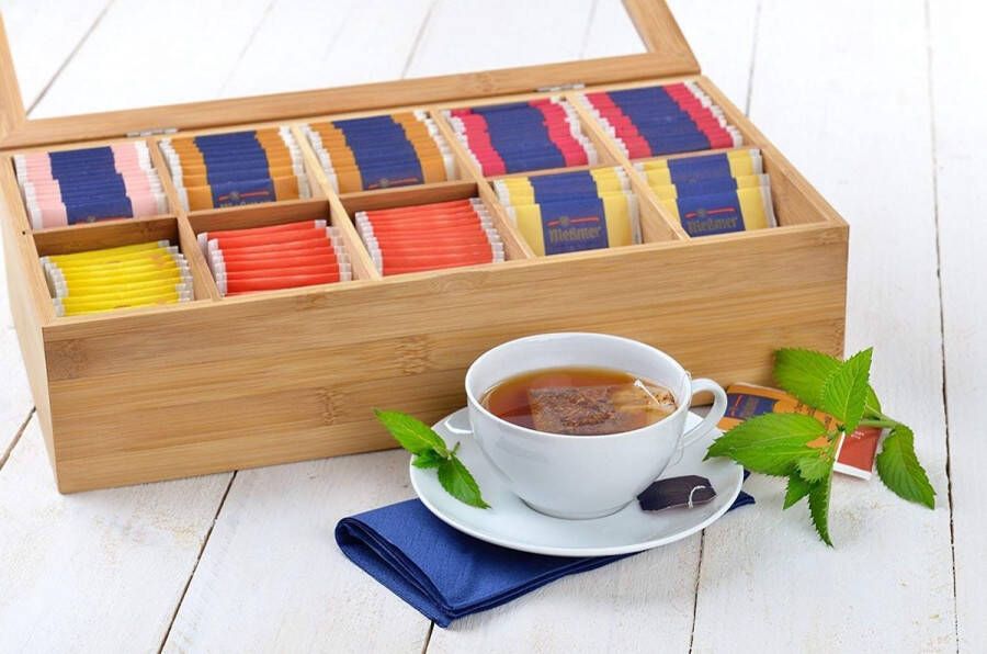Theedoos van bamboe met 10 vakken inklapbaar deksel kijkvenster theezakdoos voor aroma-beschermd bewaren van thee 36 x 20 x 9 cm