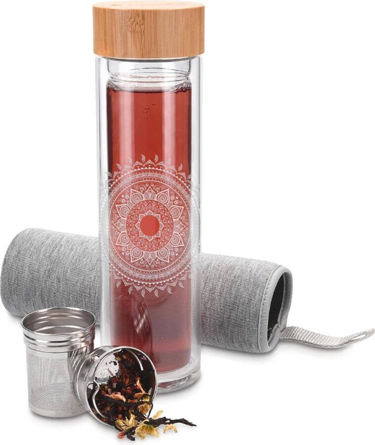 Theefles Indian Sun Glazen Theefles Dubbelwandige Waterfles met Bamboe Dop en Thee Infuser Handige 500 ml Fles voor Thee en Water Inclusief Beschermende Hoes