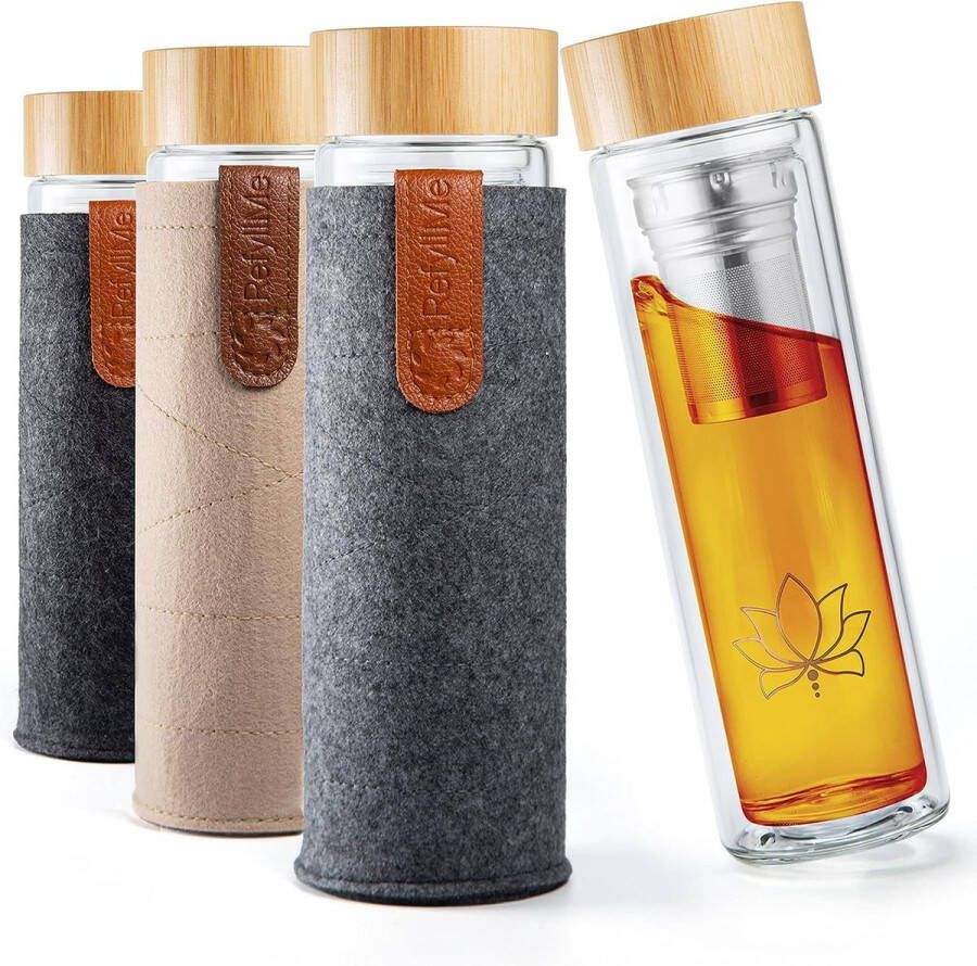 Theefles met filter teaFyll 450 ml I theefles met zeef to go 0 5 l voor warme en koude thee I dubbelwandige glazen fles van borosilicaatglas + vruchteninzet voor ijsthee en geïnfuseerd water