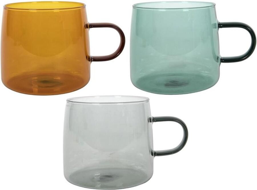 Theeglas Gekleurd van borosglas met oor 500ml Ø8.5xh8.5cm zwart-bruin-petrol doos a 6 stuks