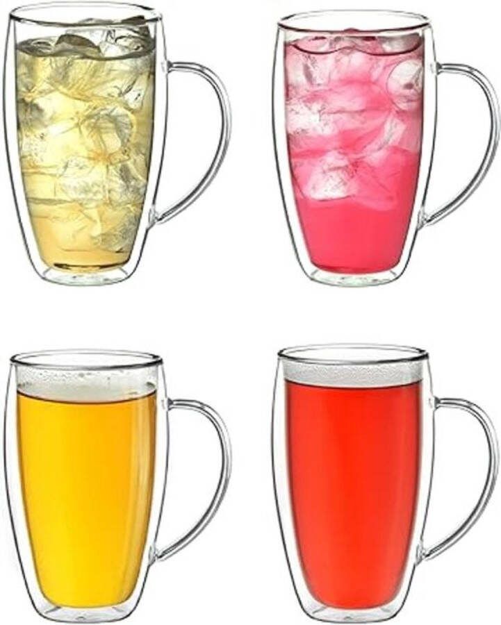 Theeglas koffieglas dubbelwandig thermisch glas met handvat groot van borosilicaatglas 4 x 400 ml