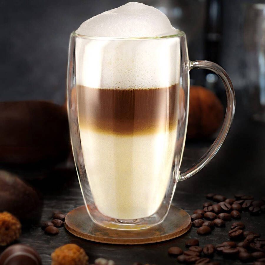 Theeglas koffieglas dubbelwandig thermisch glas met handvat groot van borosilicaatglas 6 x 400 ml
