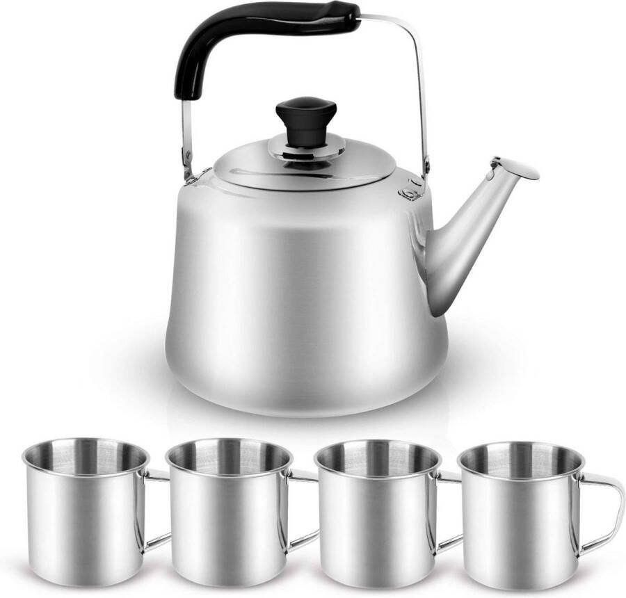 Theeketel Camping waterketel 3L koffiepot waterkoker outdoor servies set met theepot en 4 roestvrijstalen bekers camping kookgerei set ideaal voor outdoor picknick wandelen