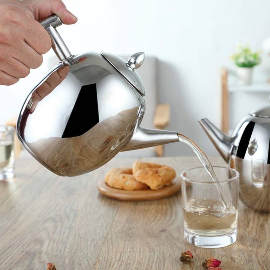 Theeketel Theepot Set met Infuser Filter en Deksel Grote Capaciteit 1 5 L 50 oz RVS Diffuser Pot voor Losse Thee Groene Thee Koffie (Zilver)
