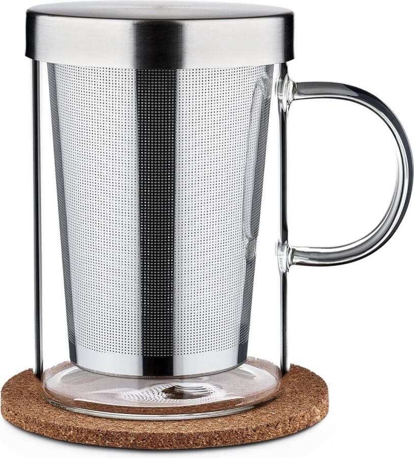 Theekop Glas met Deksel en Zeef Theeglas met Zeef & Onderzetter 400ml Grote Theekop van Borosilicaatglas Fijnmazig Filter