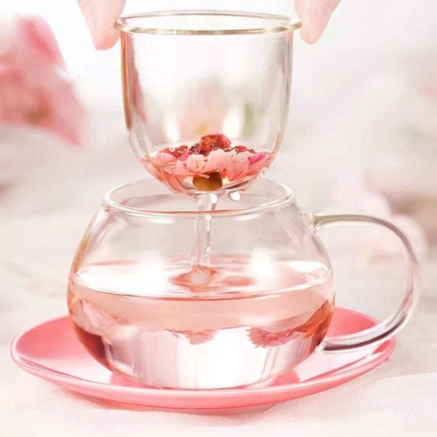 Theekopjes paddenstoelvorm koffiekopjes van glas met zeef filter theeei voor losse theeblaadjes hittebestendig (roze 290 ml)