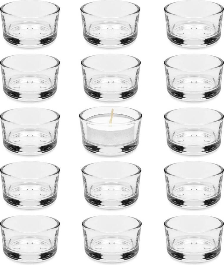 Theelichtglazen kaarsenhouder theelicht (verpakking van 15 stuks) glazen theelichthouder 4 5 cm Dm kleine kandelaar van helder glas voor bruiloft verjaardag vakantie kaarsenglazen en theelichtglazen S