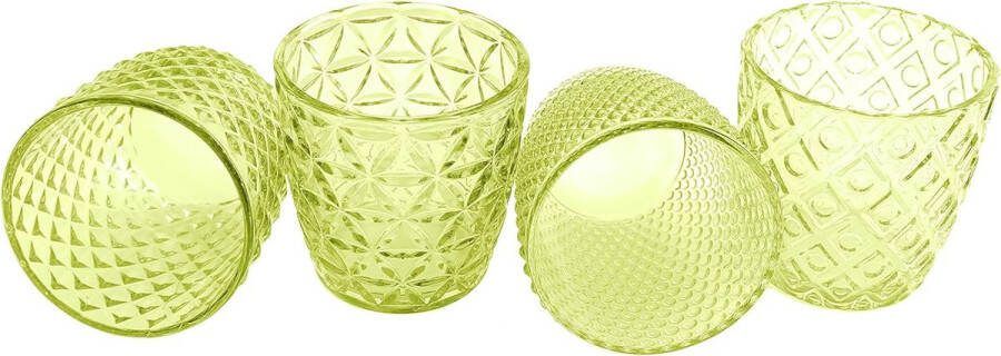 Theelichtglazen set incl. theelichtjes elegante kaarsenhouder windlichten kaarsglas met versieringen driedimensionaal design geschenk bruiloft verjaardag Kerstmis (groen set van 4)