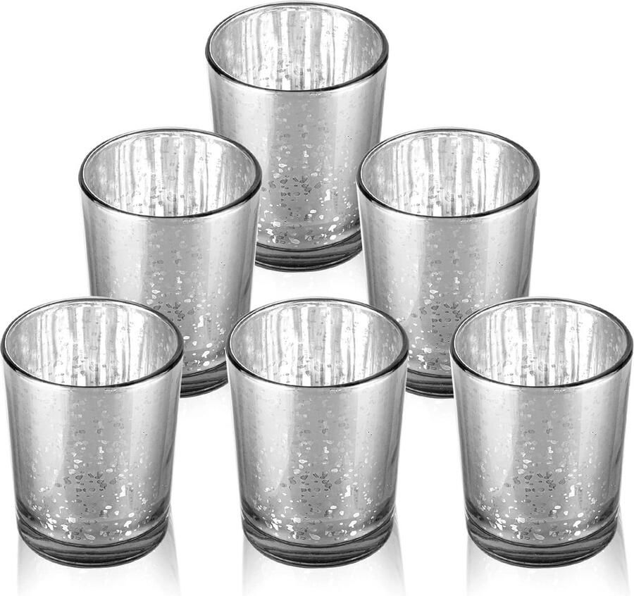 Theelichtglazen set van 6 gevlekt theelichthouders glas kaarsenhouder theelichthouder kaarsenglazen voor theelicht decoratie Kerstmis tafeldecoratie bruiloft (zilver)