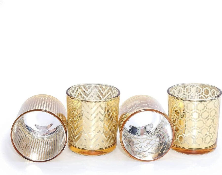 Theelichtglazen set van glas incl. theelichtjes kleine edele theelichtkaarsenhouder met versieringen windlichten kaarsglas geschenkdecoratie voor bruiloft verjaardag Kerstmis (goud set van 4)