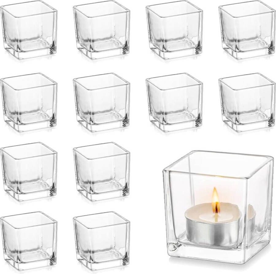 Theelichthouder glas hoekig 12 stuks kleine kaarsglazen voor theelichtjes vierkant helder theelichtglazen votiefkandelaar voor bruiloftsdecoratie tafel woonkamer tafeldecoratie