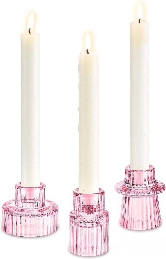 Theelichthouder kaarsenhouder 2-in-1 kandelaar glas roze kristal decoratieve kaarsenhouder set van 3 voor staafkaarsen theelichtjes tafeldecoratie woonkamer bruiloft feest Kerstmis