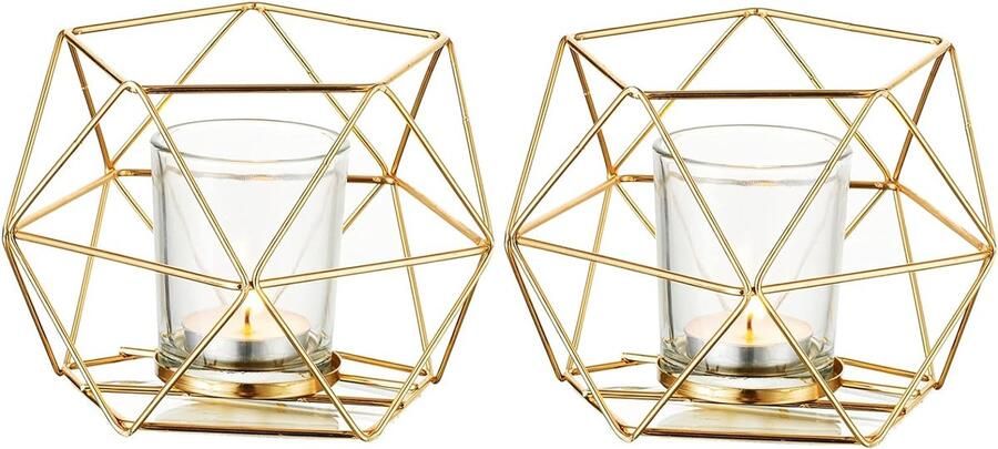 Theelichthouder kaarsenhouder metaal goud set van 2 geometrische theelichtjes kaarsenstandaard stompkaars windlicht modern geo-decoratie voor tafeldecoratie feest bruiloft woonkamer
